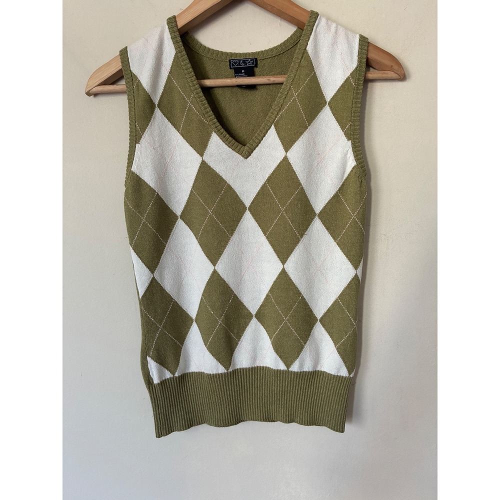 Heart Moon Star Women Green White Argyle V-Neck Knit Sweater Vest M Preppy